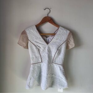 Rebecca Taylor White Cut Out Peplum Short Chiffon Sleeve Knit Top Size 0